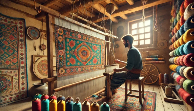 Artisans weaving intricate patterns into handmade rugs, showcasing craftsmanship, tradition, and cultural heritage.