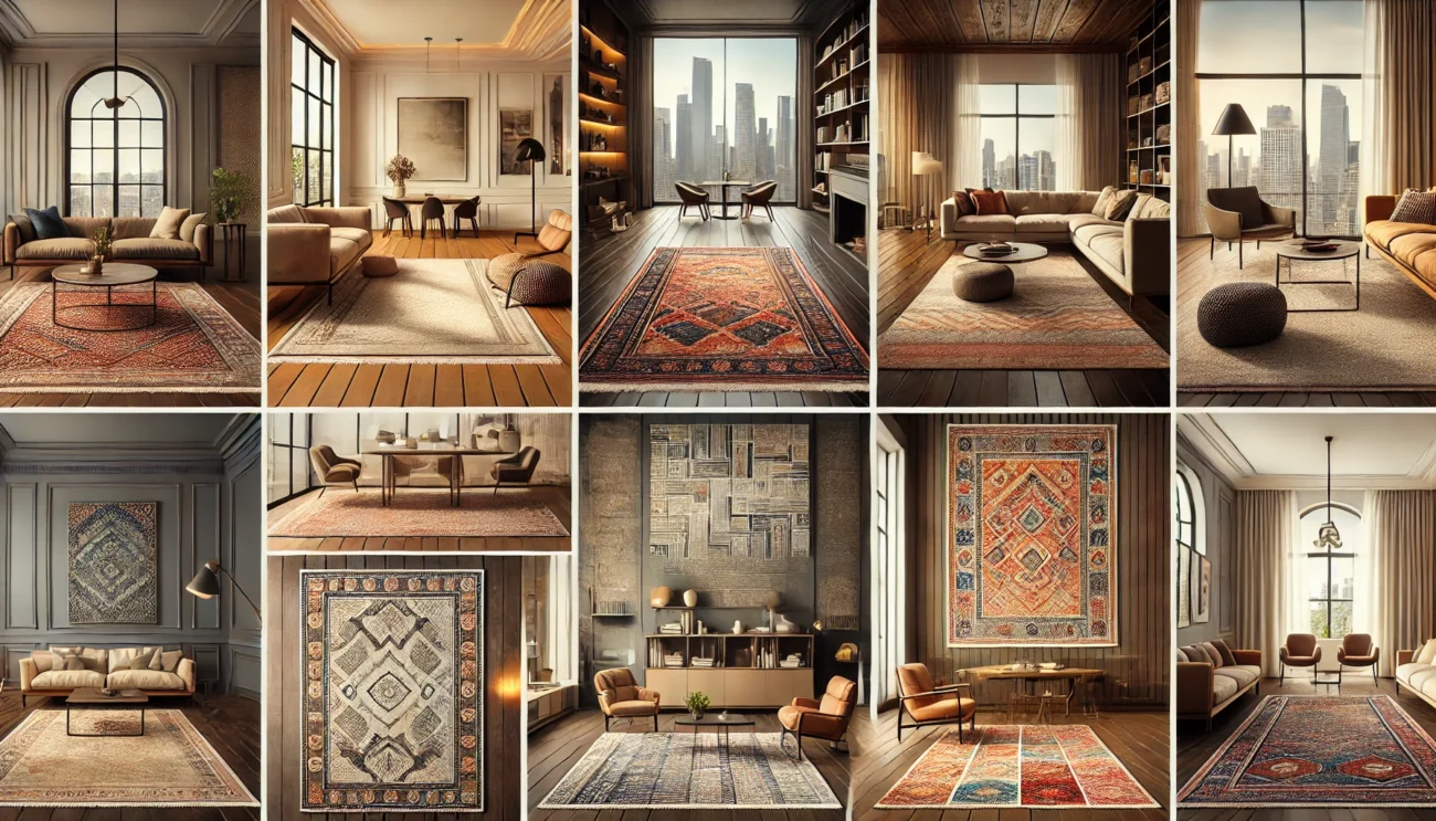 Collage of Weave NYC rugs enhancing diverse living spaces with timeless designs and elegance.