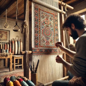 A skilled artisan weaving an intricate, colorful rug on a traditional loom in a rustic workshop, surrounded by spools of vibrant thread and natural light streaming through a window.