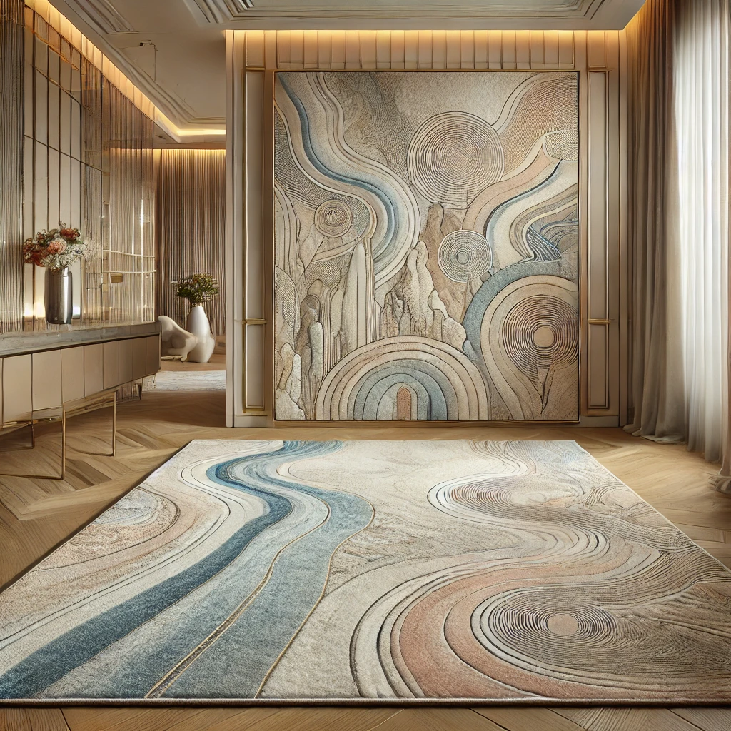 Modern hand-knotted rug with geometric patterns in a stylish living room.